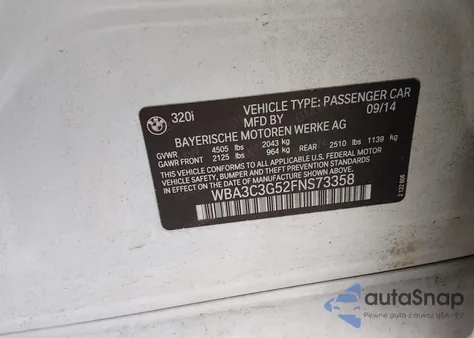 2015 BMW 320I xDrive z USA, uszkodzony, nr VIN WBA3C3G52FNS73358